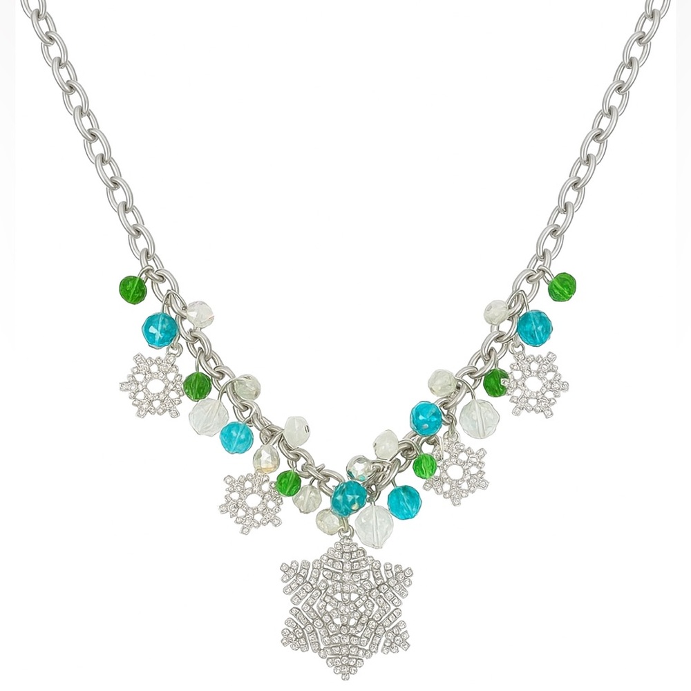 Snowflake Beaded Teal and Silver Winter Necklace